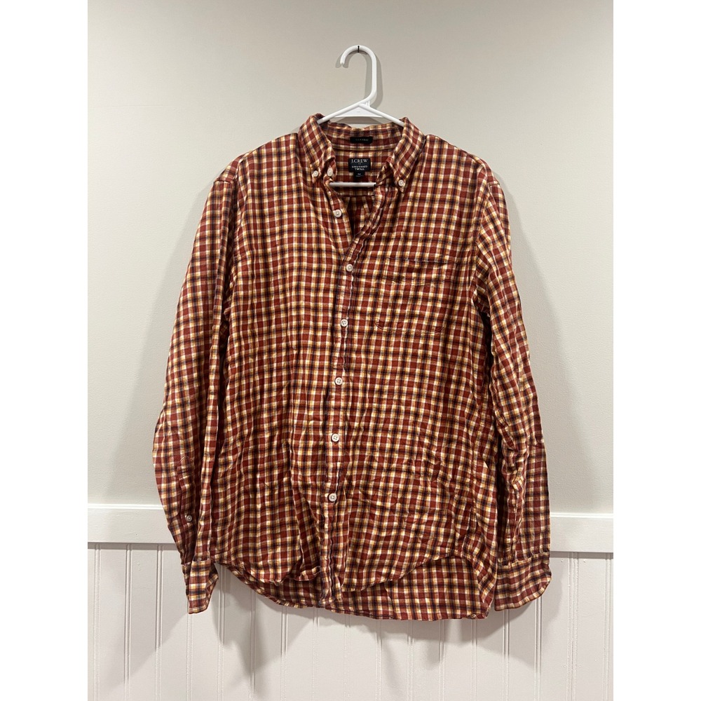 J. Crew Button Down Shirt Brushed Twill Classic Fit Red Yellow Fall Men Size Med